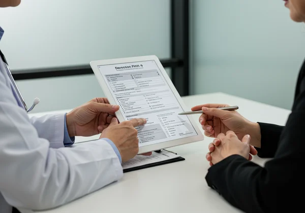 Doctor reviewing depression questionnaire with patient