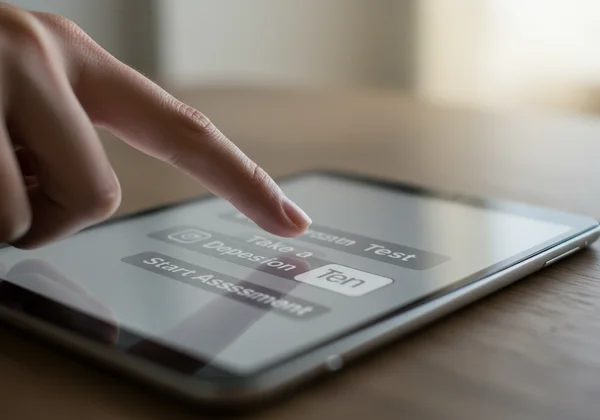 Hand clicking on a 'Take Test' button for mental well-being