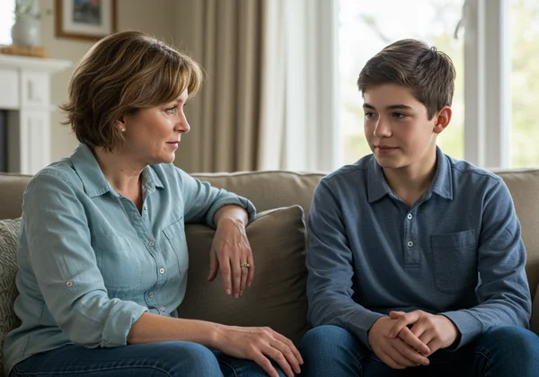Parent and teenager having a calm, supportive conversation