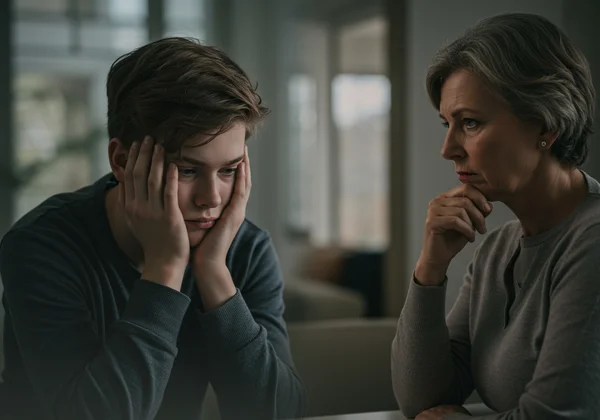 Teenager looking sad, parent concerned, illustrating confusion
