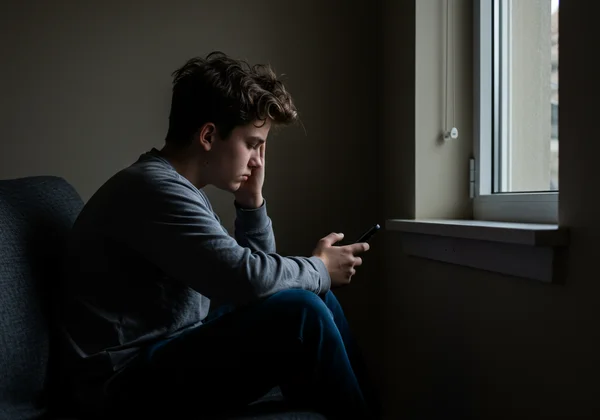 Teenager isolated, looking down, showing depression warning signs