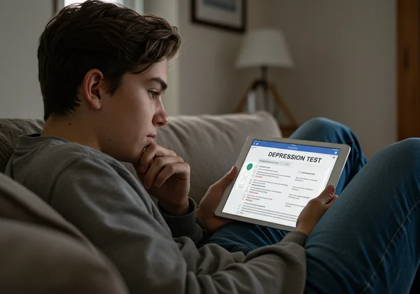 Teen taking a confidential online depression test on a tablet