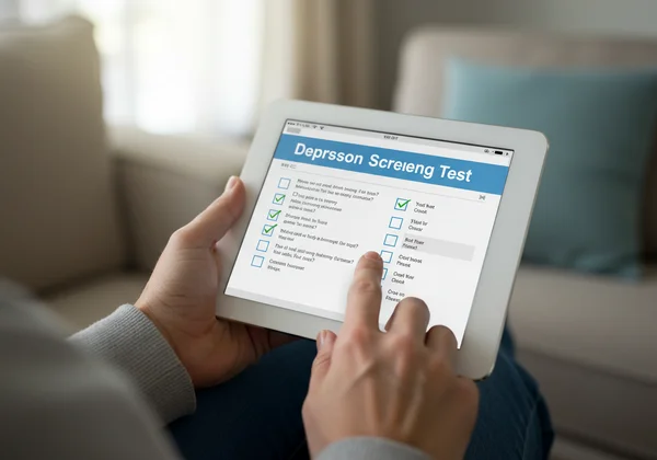 Pengguna mengambil ujian saringan kemurungan dalam talian pada tablet
