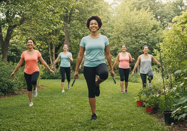 Pelbagai orang menikmati aktiviti fizikal ringan di luar, meningkatkan mood