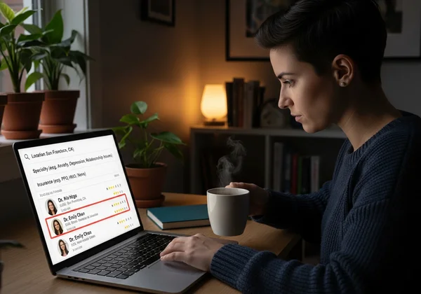 Seseorang mencari direktori dalam talian untuk ahli terapi dengan penapis