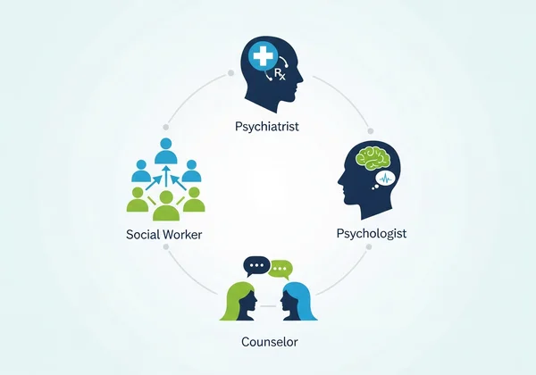 Ikon yang mewakili pelbagai profesional kesihatan mental dan peranan mereka