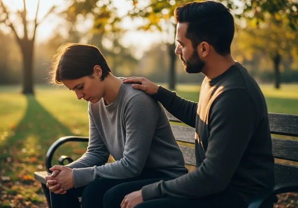 Dua orang rakan menunjukkan keprihatinan dan sokongan antara satu sama lain.