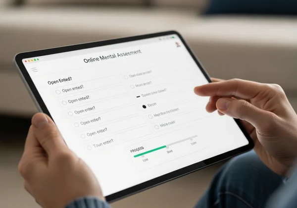 Seseorang sedang melihat penilaian kemurungan dalam talian pada tablet.