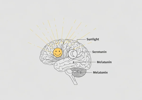 Diagram showing light, melatonin, serotonin link to mood