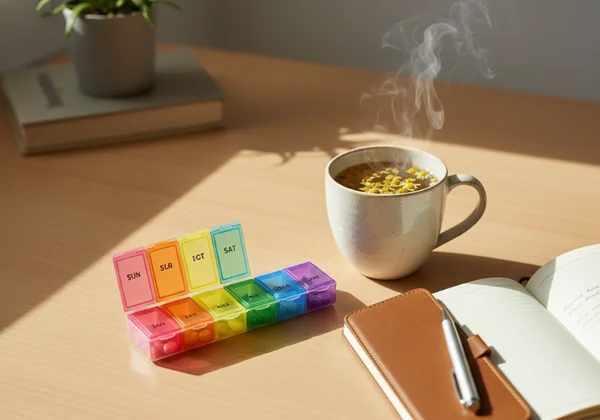 A neat, organized weekly pill organizer placed next to a calming cup of herbal tea and a journal