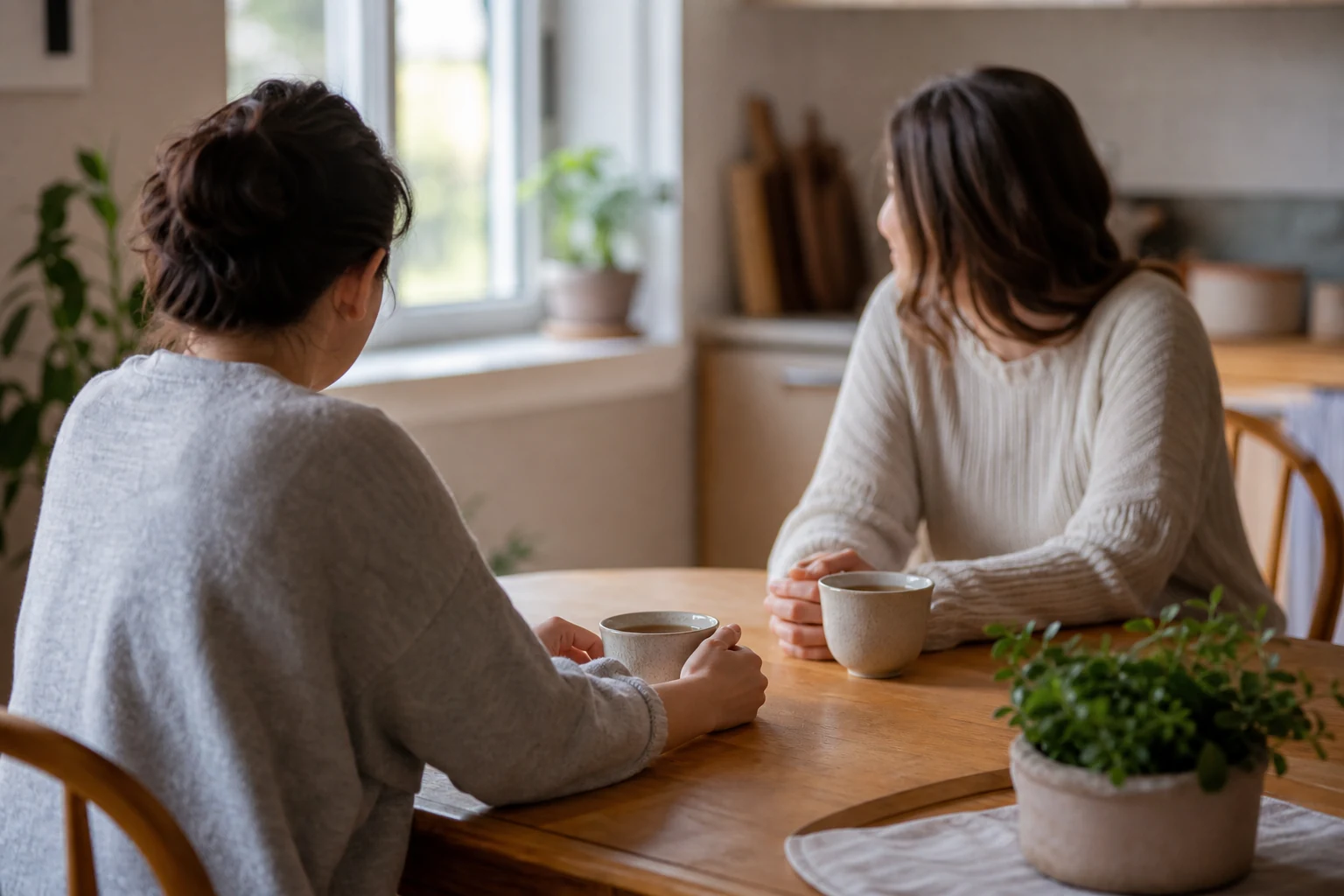 Gentle support conversation at a table
